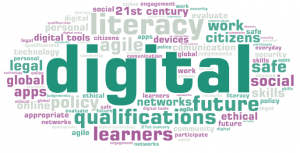 Word image with words relating to digital literacy, qualifications, ethical future