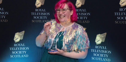 Sarah Stables accepting the Royal Television Society Scotland Student Awards award for best written film